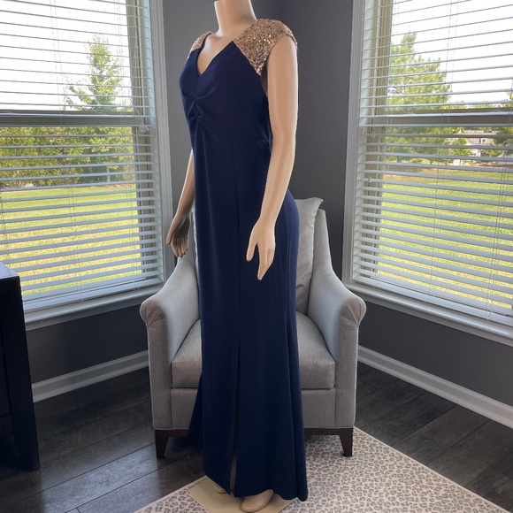 S.L.Fashions Long V-Neck Sleeveless Fit and Flare Dress Sequin with Slit NWT 18 - Picture 13 of 15